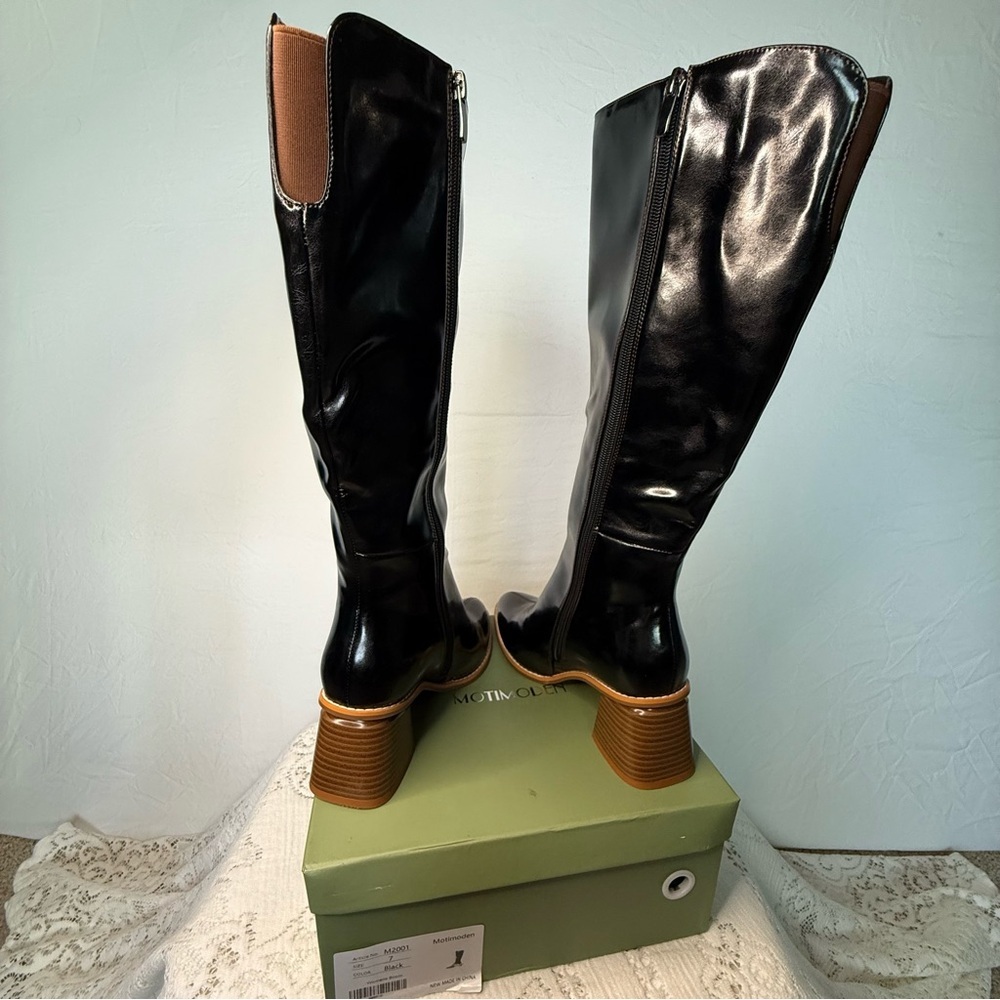 Motimoden pointy Knee High Boots Heel zipper Black size 7 Rocker, Whimsigoth - Picture 7 of 16